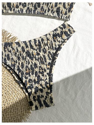 Women's 2 Piece Leopard Print Bikini Sets Smocked High Waisted Cheetah Swimsuit Bathing Suit4