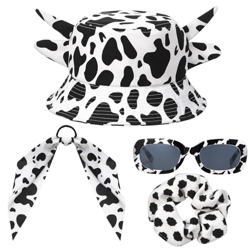 Zhamate Cow Print Bucket Hat Summer Fishermans Hats with Cow Patterned Glasses 1 Hair Scrunchy and 1 Head Tie Black