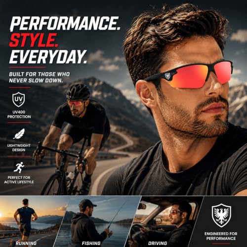 Image of Sports Sunglasses, Orange Lens /Black | Full-Coverage UV400 Protection, Hydrophobic Mirrored Lens, Lightweight Shatterproof Design, Mercury
