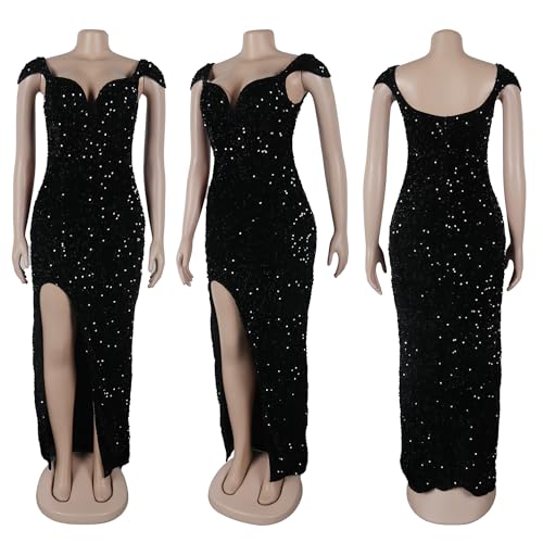 Image of Jigfar Women's Sexy Elegant Rhinestone Embellished Velvet Party Club Night Bodycon Formal Evening Maxi Dress