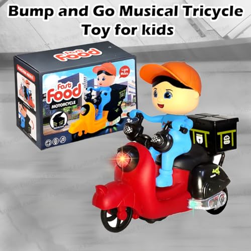 Image of FunBlast Bump and Go Tricycle Toys for Kids, Food Delivery Motor Cycle Toys for Kids, Toy Vehicles for Kid with Light and Sound for 3+ Year Old Kid (Multicolor)