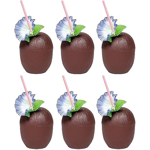 24 x Coconut Cups with Paper Straws - Reusable Plastic 18oz Hawaiian Party Cups with Decorative Flowers for Tropical Luau Cover