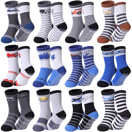 DOSKONI Toddlers Boys Non-Slip Grip Socks - Crew Cotton Socks with Grippers 12 Pairs - Car, 5-8 Year Old