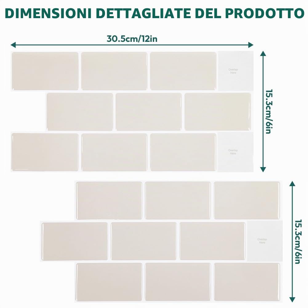 10 fogli di piastrelle autoadesive, impermeabili, per cucina, bagno, 3D, 30,5 x 15,3 cm (beige)