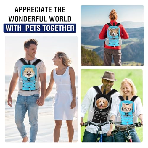 Pawaboo Pet Dog Carrier Rucksack, Puppy Dog Travel Carrier Front Pack for Small Medium Dogs Cats, Adjustable Breathable Dogs Carrying Backpack with Safety Strips for Hiking Travel Outdoor, Blue M