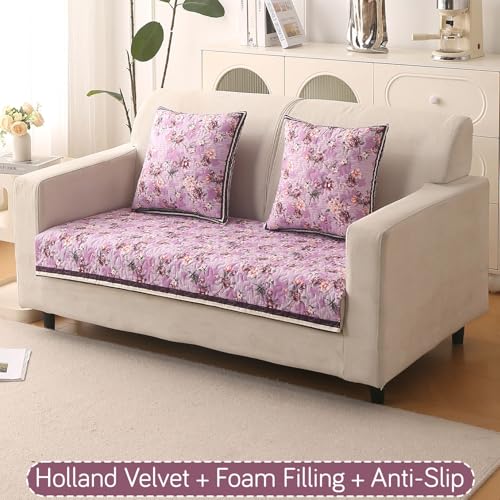 Image of HOKIPO 'Florentina Series' Foam Filled Premium Holland Velvet Sofa Cover Mat for 2 Seater Sofa with Anti-Slip Backing, Peony Lavender (IN-879-V6)