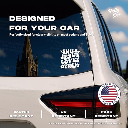 Image of Smile Jesus Loves You - Christian Jesus Cross Car Vinyl Decal Bumper Sticker for Car, Wall, Window, Vehicle, Weather Resistant, Viral, White