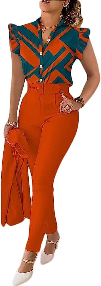 Ensemble Tailleur-Pantalon d'affaires pour Femmes Version Mince de l'élégant Ensemble Trois pièces d'été Chemise imprimée à Manches volantées Chemise Pantalon Tailleur