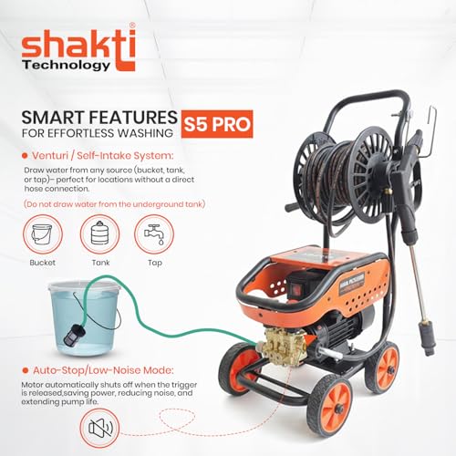 Image of Shakti Technology - S5 PRO High Pressure Washer 2000W (Max 160 Bar) | Adjustable Pressure Knob, Self-Intake & Auto-Stop System | Heavy Duty Car /Bike /Solar Cleaning Machine with 12M Hose Reel