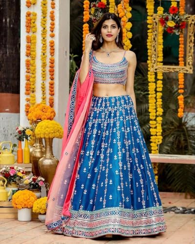 Gorgeous Sky Blue Zari Work Net Wedding Wear indian Women's Pink Printed Poly Silk Lehenga Choli with Dupatta3