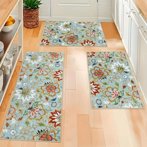 Homcomoda Boho Floral Kitchen Rugs Sets 3 Piece with Runner Kitchen Mats for Floor Non Slip Kitchen Rugs and Mats Washable Kitchen Runner Rug Sets for Hallway Laundry Kitchen