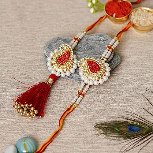 Image of eCraftIndia Designer Bhaiya Bhabhi Rakhis with Roli Chawal Pack and Raksha Bandhan Greeting Card - Rakhi for Brother, Bhaiya, Bhai