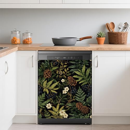Image of Green Herb Leaves Dishwasher Covers for The Front Magnetic,Blue Berry Pine Cones Refrigerator Magnets Decoration,Reusable Dishwasher Cover Panel for Home Kitchen Decor 23x26 Inch