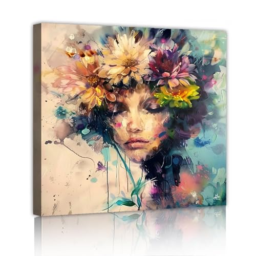 Impression toile rétro Fille avec fleurs 50x50cm avec cadre intérieur TOANGWALL