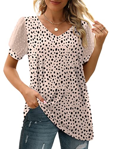 Image of Aokosor Womens Summer Tops V Neck T Shirts Swiss Dot Puff Sleeve Tops Loose Casual Tshirts