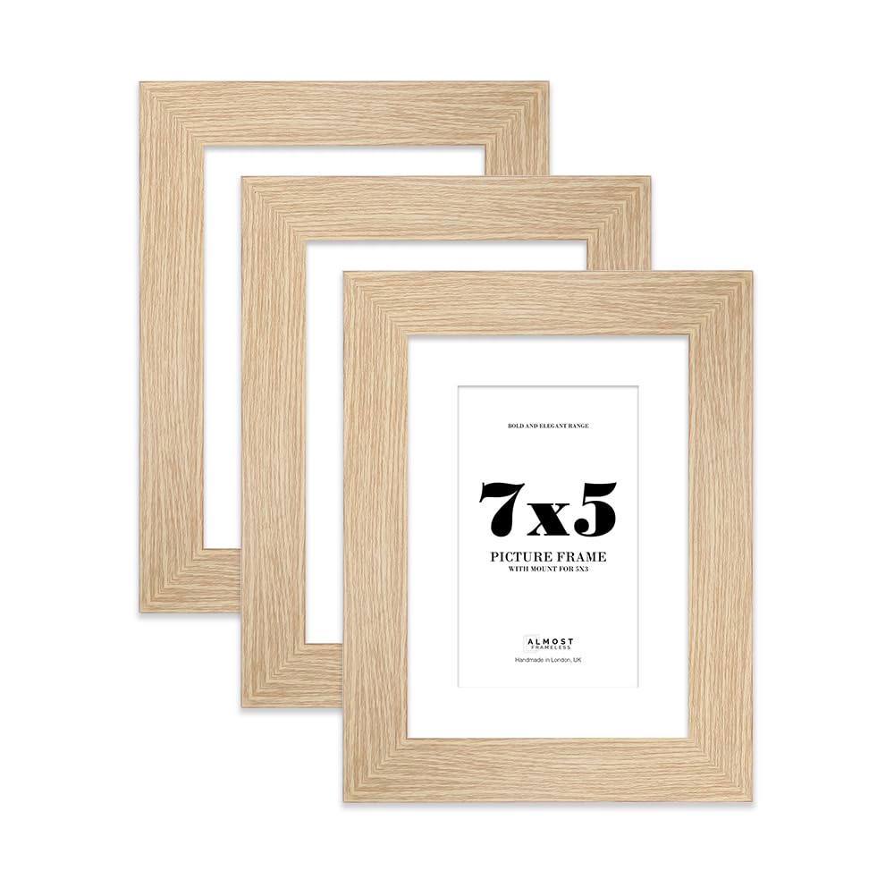 7x5" Oak Frame With Mount for 5x3" Pictures 28mm Edge Portrait and Landscape Display with Wall Hooks and Kickstand, 3 Pack