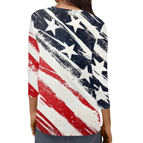 Image of 4th of July Shirts Women 3 /4 Length Sleeve Womens Tops Henley Neck Casual Patriotic T Shirts