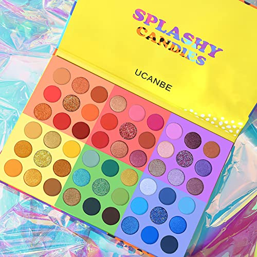 Ucanbe 54 Colors Splashy Candies Eyeshadow Palette + 15Pcs Makeup Brush Set, Highly Pigment Matte Metallic Shimmer Glitter Eye Shadow Bright Color Long Lasting Waterproof Easy Blending Make Up Pallet #TOP1