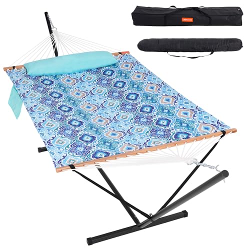 Lazy Daze Hammocks 2 Person Portable Hammock with 12FT Stand for Outside, 10.5FT Quilted Double Hammock with Spreader Bar and Detachable Pillow, 450lbs Capacity for Outdoor Patio, Floral Auq