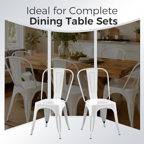 Image of Metal Dining Chairs with Backrest, Stackable, White, 8 Pack | Easy Assembly, Non-Slip Feet, 330 lb Capacity, Kitchen, Restaurant, Cafe, Pub, Covered Patio