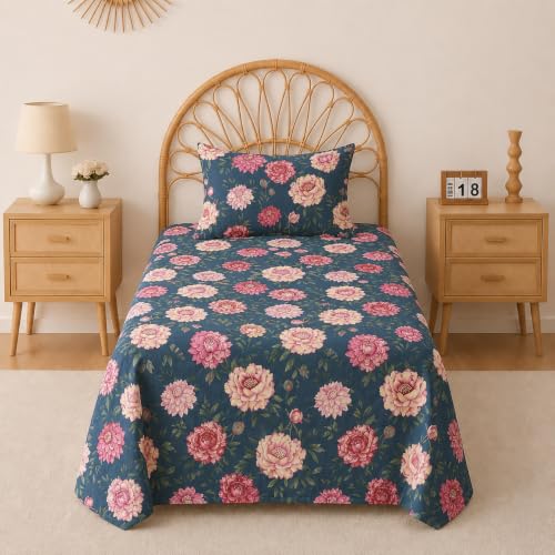 Image of BSB HOME 240 TC Premium Cotton Single Bedsheet, Soft Breathable Comfortable Floral Printed Bed Sheet, Elegant Durable Bedding for Bedroom, Easy Care Bedsheet, 60 x 90 Inches (152 x 229 cm) - Teal Blue