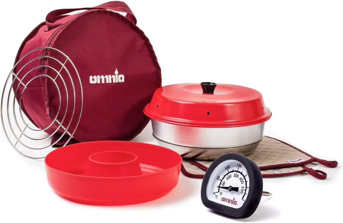Omnia Camp Oven Bundle with Thermometer, Baking Rack, Potholders, Silicone Mold, Storage Bag