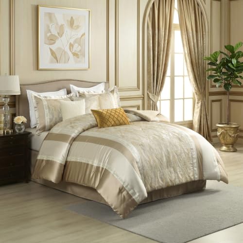 Image of CozyDH Comforter Set King Size, Champagne Gold Beige - Luxury 7 Piece Bed in a Bag Jacquard Damask Vintage Floral, All Season Down Alternative Bedding with Bed Skirt, Shams, Decor Pillows, 104x90 in