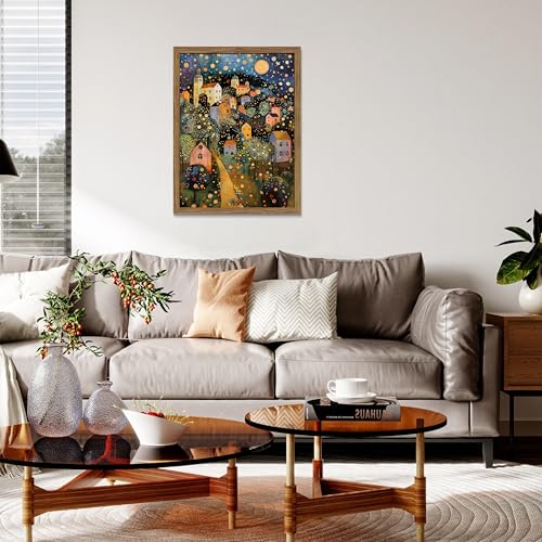 Image of Abstract Moon Stars Tree Framed Canvas Wall Art - Vintage Gustav Klimt Style Oil Painting Print, Village Night Landscape Decor for Living Room Bedroom Nursery Office 16x24 inch