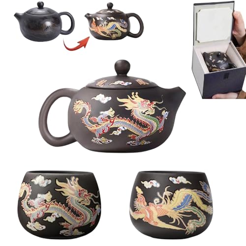 Generic ASEW443 - Juego de tetera de arcilla morada hecha a mano con diseño de dragón y fénix que cambia de color, juego de té Zisha, hervidor de té Kung Fu, regalo para amantes del té (negro, 1 olla