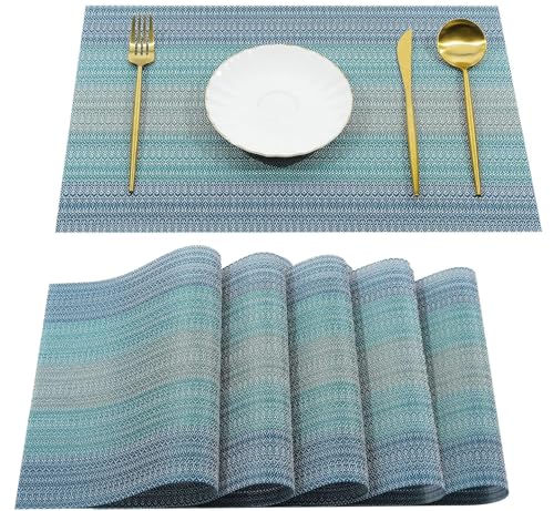 Image of Dribble Premium PVC Placemats Set of 6 | Heat-Resistant, Washable, Waterproof Table Mats | Anti-Slip Dining Table Placemats for Kitchen & Home Decor - 45x30cm, Design - Mayura Blue