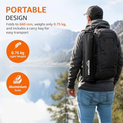 Image of Amazon Basics 60-Inch Aluminium Tripod for DSLR & Camera, 5kg Load Capacity, Portable Lightweight with 360 Ball Head, Clip Lock System & Carry Bag, for Photography & Video Recording