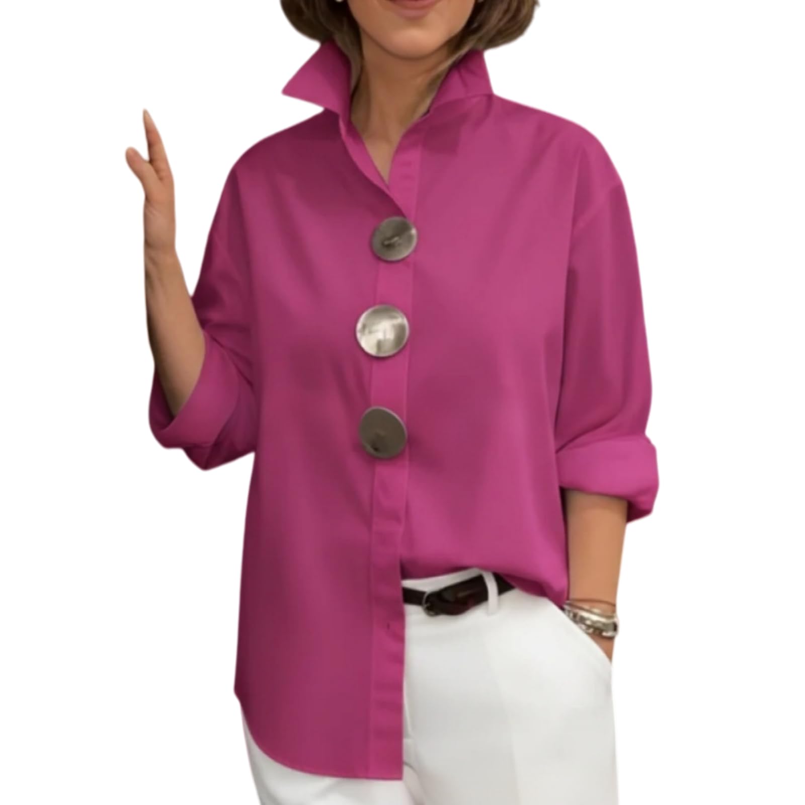 Elegante Blusa para Mujer con Cuello Alto y Botones metálicos – Camisa Oversize de Manga Larga, Top Casual de Color Liso para Primavera.