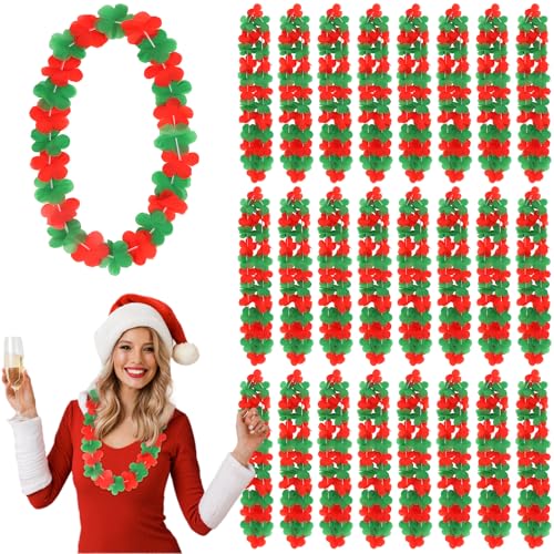 Semato 24 Pcs Christmas Leis Red and Green Hawaiian Flower Necklace for Christmas Luau Party Holidays Carnival Themed Party Favors