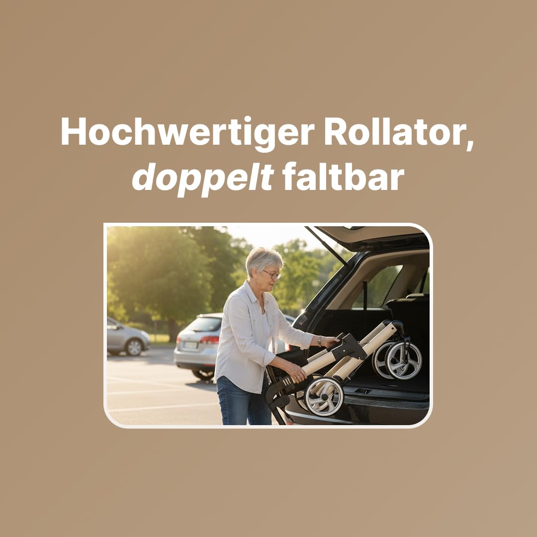 Luxo Rollator - Leicht & 2-fach faltbar – Mit integriertem Bremssystem, gepolsterter Sitz- und Rückenlehne, Tasche, Stockhalter – 6,9 kg – Gehhilfe für Senioren 160-182 cm - Champagner, Medium