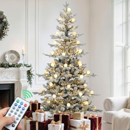 YITAHOME 6FT Pre-lit Flocked Layered Christmas Tree with Remote, Hinged Flocked Aspen Fir Christmas Tree w/PE & PVC Mixed Branch Tips, 270 Color Changing Lights w/Removable lampshade,11 Mode