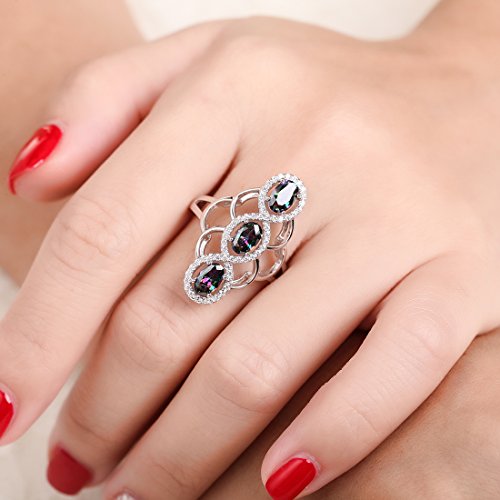 925 Sterling Silver Rings for Women, 3 Stone Engagement Ring, Simulated Mystic Rainbow Topaz Woven Wedding Promise Ring for Her2