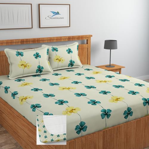 Image of 200 TC Cotton Feel All Around Elastic Fitted Bedsheet, Elastic Fitted Bedsheet King Size Bedsheet for Double Bed with 2 Pillow Covers, Size - 72 x 78 x 8 Inch Color Off White