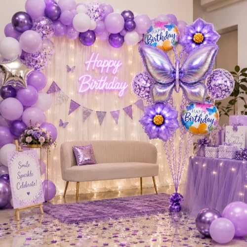 Image of AMFIN (Pack of 7) Large Butterfly Foil Balloons 34 Inch Gradient Birthday Party Decorations | Helium & Air Compatible - Purple