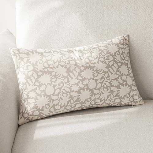 Image of Foindtower Set of 2 Decorative Neutral Floral Throw Pillow Covers Accent Farmhouse Cushion Covers Boho Lumbar Pillowcase for Couch Sofa Bedroom Living Room Home Decor,12x20 Inch,Ivory Beige