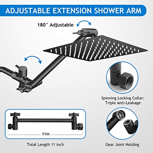 Shower Head Combo,10 Inch High Pressure Rain Shower Head With 11 Inch Adjustable Extension Arm And 5 Settings Handheld Shower Head Combo,Powerful Shower Spray Against Low Pressure Water - Matte Black #TOP4