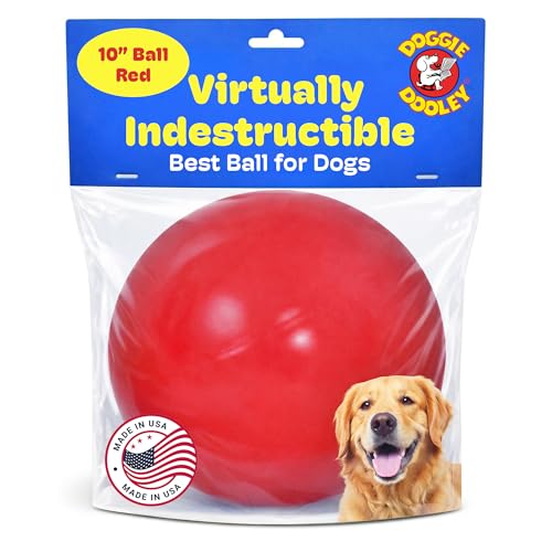 Doggie Dooley Virtually Indestructible Dog Ball - 10 Inch Hard Plastic Interactive Dog Toy for Large Breeds Over 45+ lbs - Built for Herding & Push Play - Floats in Water, Made in USA - Red