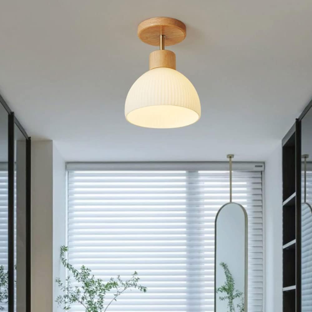 Nordic Style Semi-Circular Glass Shade Ceiling Lamp, Vintage Wooden Decorative Ceiling Light, Industrial E27 Semi-Flush Mount Lighting Fixture for Aisle, Hallway, Entrance, Living Room