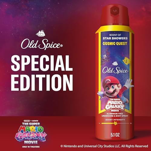 Image of Old Spice Aluminum Free Body Spray for Men, Old Spice x The Super Mario Galaxy Movie, 24 /7 Lasting Freshness, Lasting Odor Protection, Smell Super with Cosmic Quest, Star Showers Scent, 5.1 oz