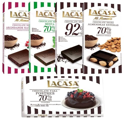 Pack Lacasa 5 deliciosas tabletas de chocolate de distintos sabores y tamaños: arandanos , menta ,cacao 92% ,culinaria200g, almendra 200g