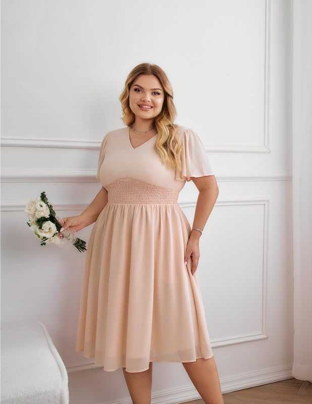 Hanna Nikole Grandi Dimensioni Donna Abiti In Chiffona Maniche Volant Abiti Casual Semiformale Estate Che Scorre Ospiti Di Sposa Abito Midi A Linea Abito Con Vita