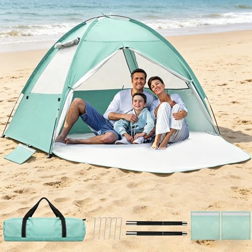 NHOWIN Beach Tent for 3-4 Person, Large Easy Setup Beach Shade Canopy with UPF 50＋ UV Protection, Portable Shade Tent with 3 Ventilating Mesh Windows for Outdoor, Picnics, Fishing