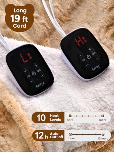 Image of Bearhug Electric Blanket King Size with Dual Controls, 10 Heat Levels & 1-12H Auto Shut-Off, Fast Heating Soft Faux Fur to Sherpa Heated Blanket for Couples, Machine Washable, Champange