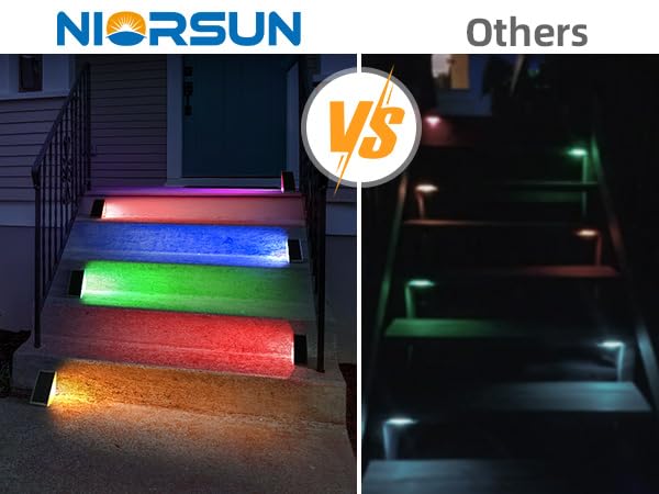 Image of NIORSUN Solar Step Lights,6 Pack RGB Solid Color Changing Solar Stair Lights Outdoor Waterproof IP67 Auto On Off,Solar Lights for Steps,Stair,Patio,Yard,Porch,Front Door,Deck Decor