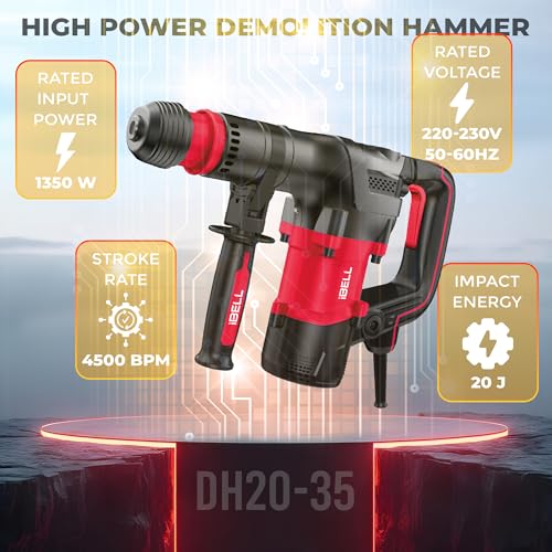 Image of IBELL IBL DH20-35 1350W Heavy Duty Demolition Hammer | 20J | 17mm HEX Chuck | 4500 BPM | 5.3 kg Lightweight with Anti-Vibration System | For Concrete, Masonry & Construction Work- 6 Months Warranty