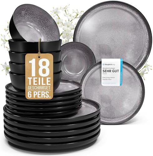 Steingut Geschirrset 6 Personen Ibiza 18 tlg. TESTSIEGER, Traumhaftes Mediterranes Steingut Geschirr Set, Schüssel- und Teller Set, Tafelservice 6 Personen, Geschirrsets Pure Livin